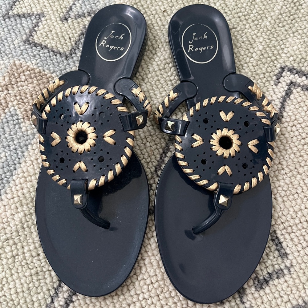 Jack Rogers Jelly Sandals navy gold size 8